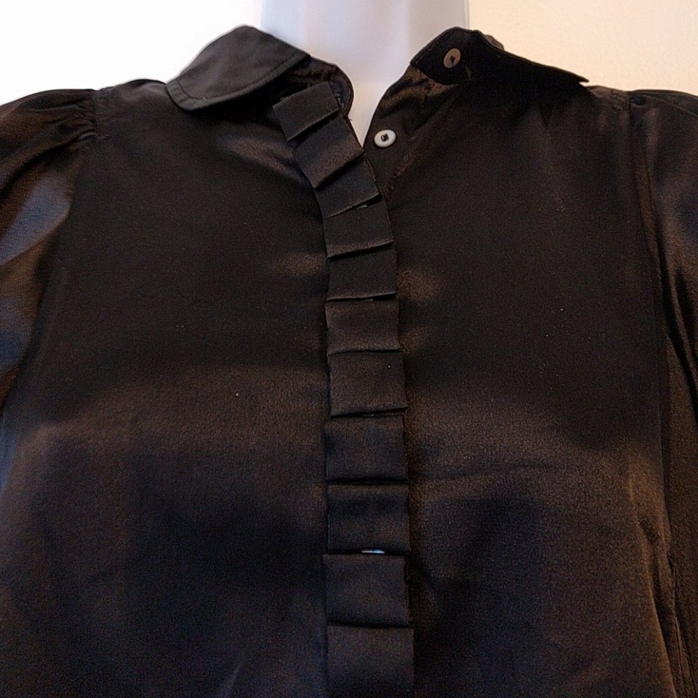 MAX STUDIO puff sleeve satin blouse button black S - Picture 3 of 3